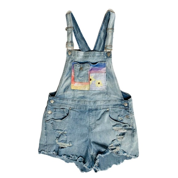 Juniors Almost Famous Hand Painted Denim Shortalls Bib Overall Shorts Stretch L